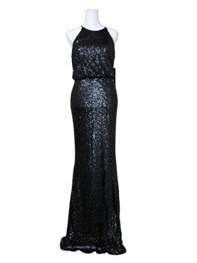 Badgley Mischka Navy Sequin Drop Waist Evening Gown